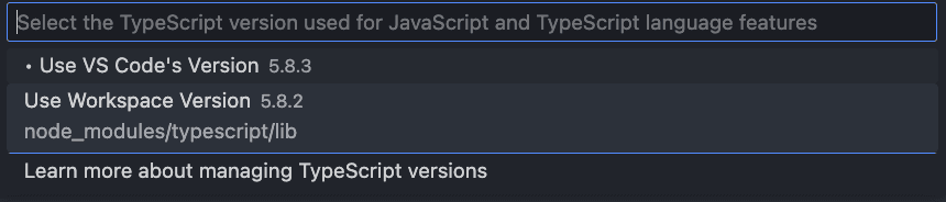 Screenshot showing VS Code Command Palette selecting "Use Workspace Version"